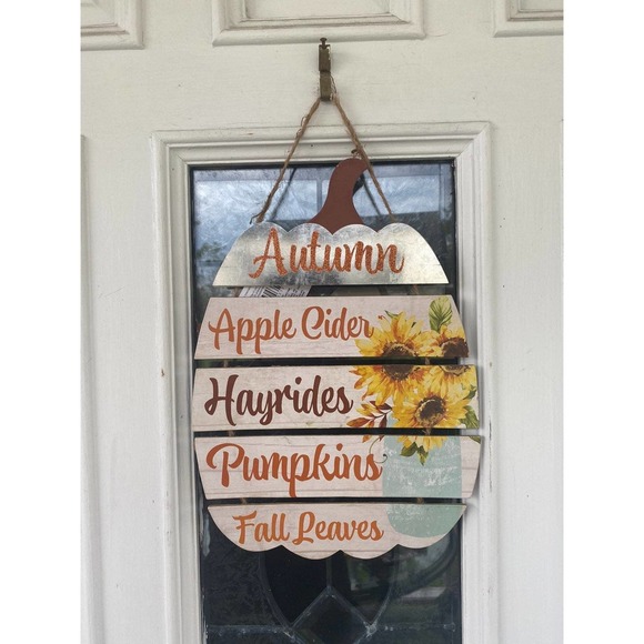 Hayrides Apple Cider Autumn Fall Leaves Pumpkin Sunflower Sentiment Hanging Sign - Picture 1 of 3